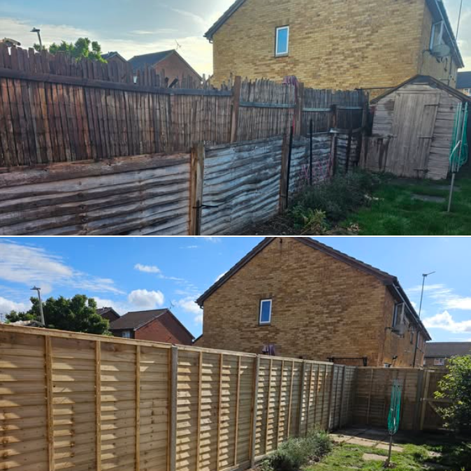 Before and after full fence replacement in Milton Keynes — old rotten panels replaced with new closeboard fencing